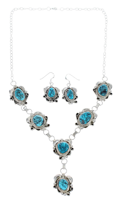 Turquoise Genuine Sterling Silver Navajo Link Necklace And Earrings Set AX127535